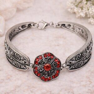 Antiqued Silver Spoon Handle Snap Bracelet Red Rhinestone